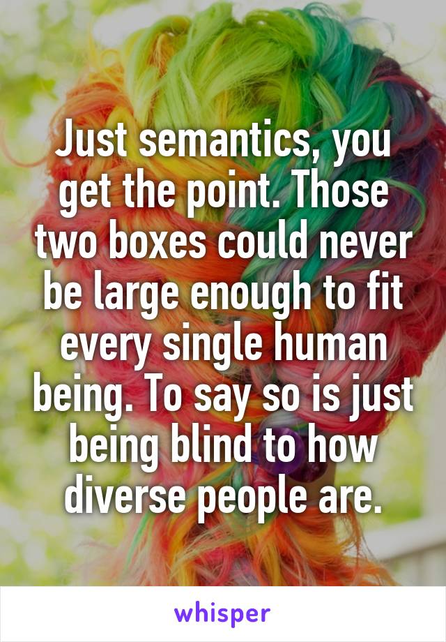 Just semantics, you get the point. Those two boxes could never be large enough to fit every single human being. To say so is just being blind to how diverse people are.