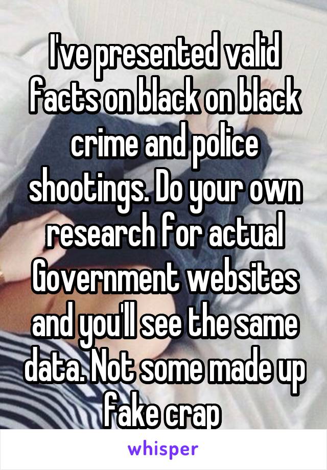 I've presented valid facts on black on black crime and police shootings. Do your own research for actual Government websites and you'll see the same data. Not some made up fake crap 