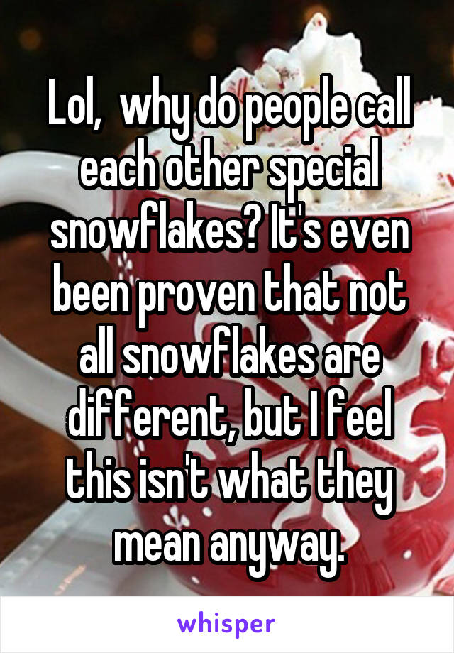 Lol,  why do people call each other special snowflakes? It's even been proven that not all snowflakes are different, but I feel this isn't what they mean anyway.