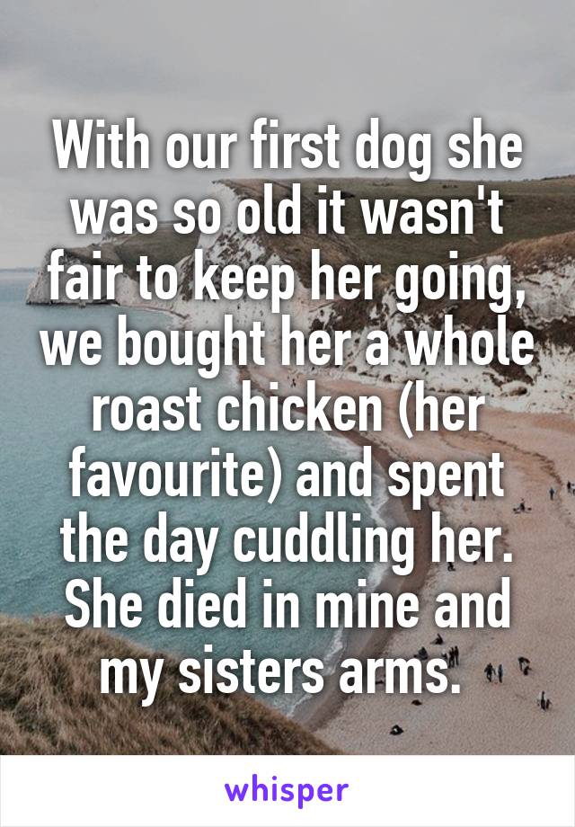 With our first dog she was so old it wasn't fair to keep her going, we bought her a whole roast chicken (her favourite) and spent the day cuddling her. She died in mine and my sisters arms. 