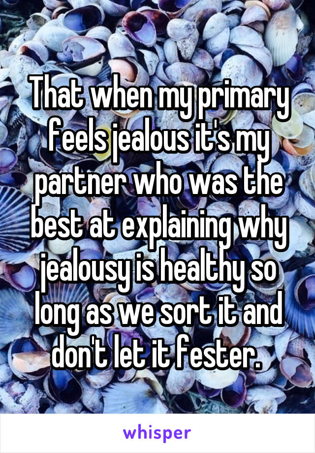 That when my primary feels jealous it's my partner who was the best at explaining why jealousy is healthy so long as we sort it and don't let it fester. 