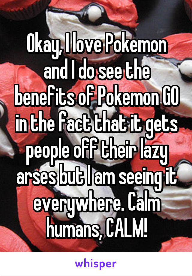 Okay, I love Pokemon and I do see the benefits of Pokemon GO in the fact that it gets people off their lazy arses but I am seeing it everywhere. Calm humans, CALM!