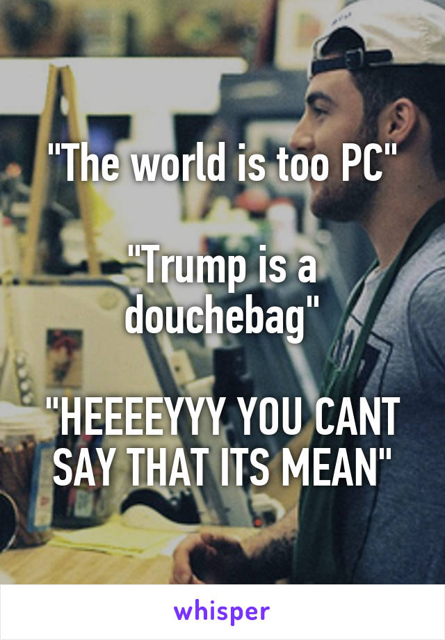 "The world is too PC"

"Trump is a douchebag"

"HEEEEYYY YOU CANT SAY THAT ITS MEAN"