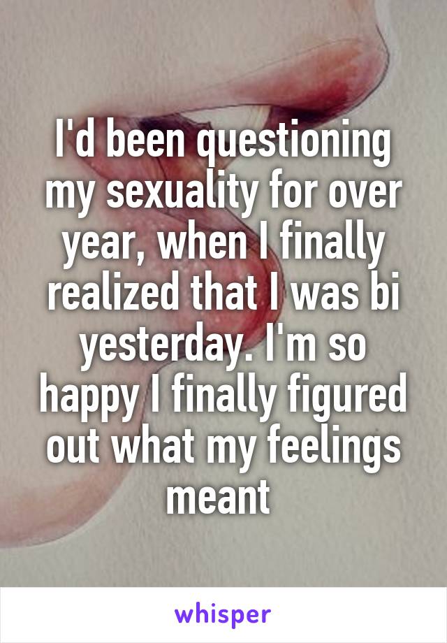 I'd been questioning my sexuality for over year, when I finally realized that I was bi yesterday. I'm so happy I finally figured out what my feelings meant 