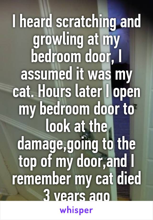 I heard scratching and growling at my bedroom door, I assumed it was my cat. Hours later I open my bedroom door to look at the damage,going to the top of my door,and I remember my cat died 3 years ago