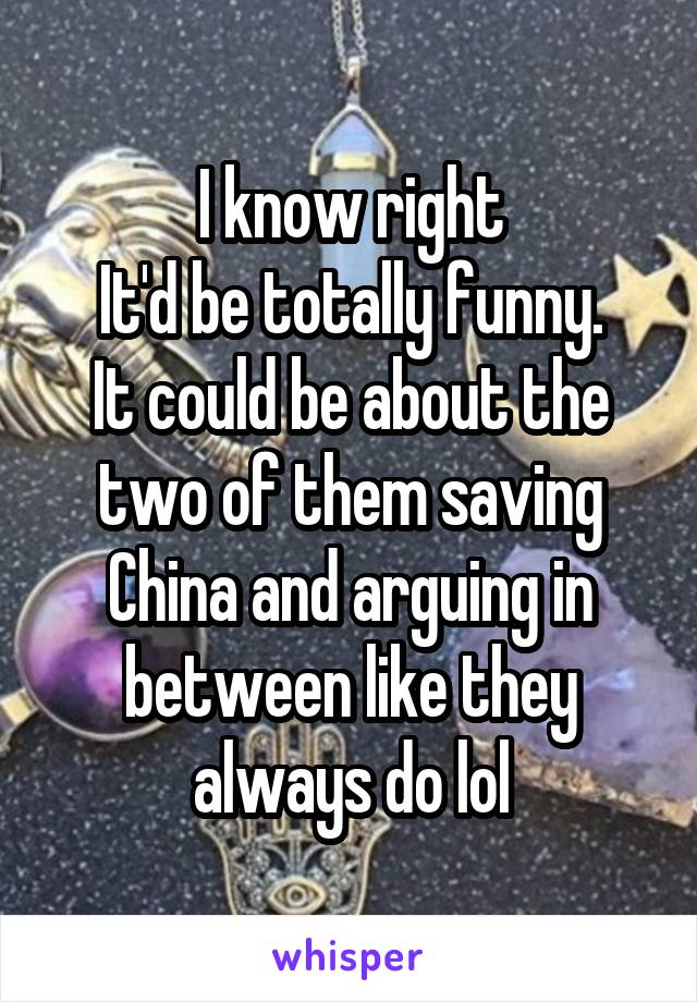 I know right
It'd be totally funny.
It could be about the two of them saving China and arguing in between like they always do lol