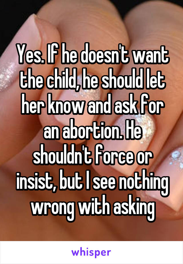 Yes. If he doesn't want the child, he should let her know and ask for an abortion. He shouldn't force or insist, but I see nothing wrong with asking