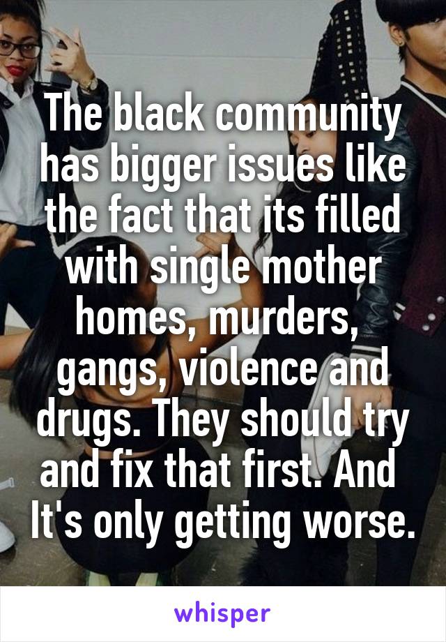 The black community has bigger issues like the fact that its filled with single mother homes, murders,  gangs, violence and drugs. They should try and fix that first. And  It's only getting worse.