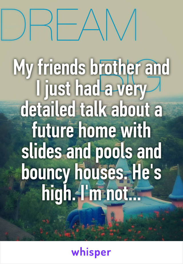 My friends brother and I just had a very detailed talk about a future home with slides and pools and bouncy houses. He's high. I'm not...