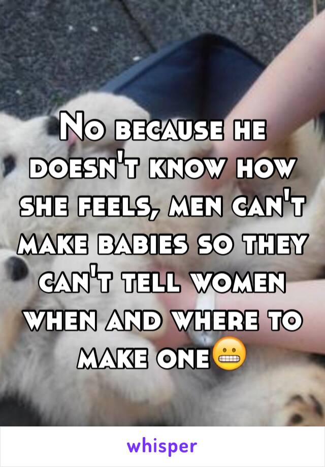 No because he doesn't know how she feels, men can't make babies so they can't tell women when and where to make one😬