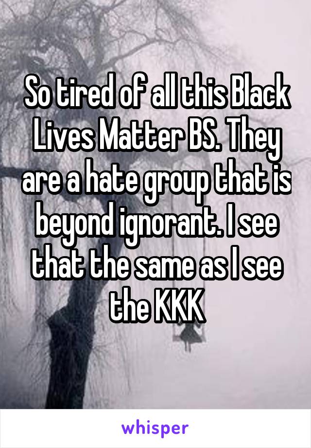 So tired of all this Black Lives Matter BS. They are a hate group that is beyond ignorant. I see that the same as I see the KKK
