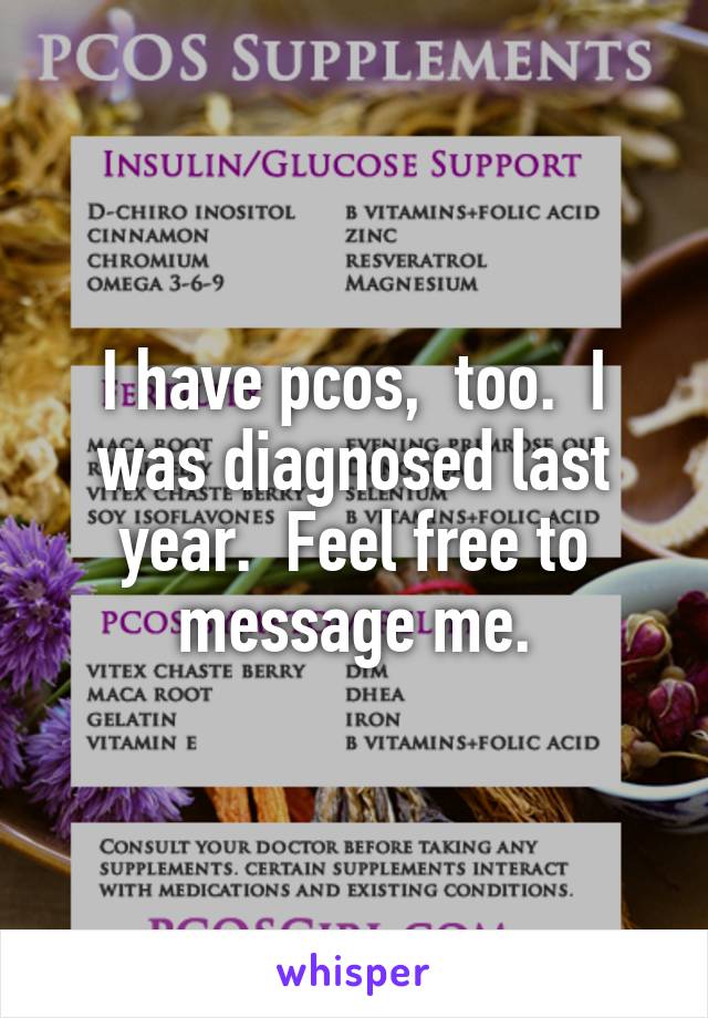 I have pcos,  too.  I was diagnosed last year.  Feel free to message me.