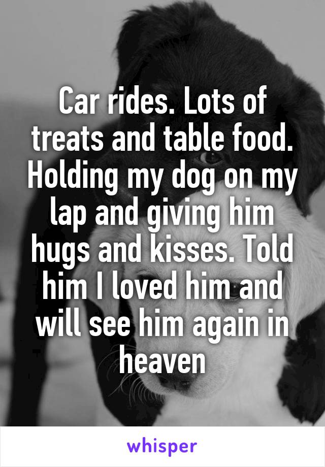 Car rides. Lots of treats and table food. Holding my dog on my lap and giving him hugs and kisses. Told him I loved him and will see him again in heaven