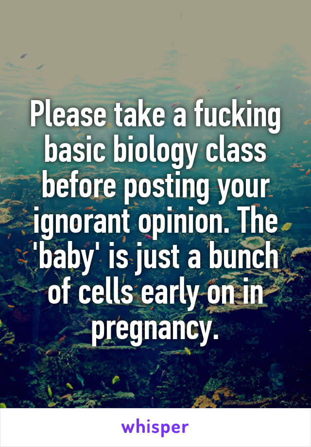 Please take a fucking basic biology class before posting your ignorant opinion. The 'baby' is just a bunch of cells early on in pregnancy.