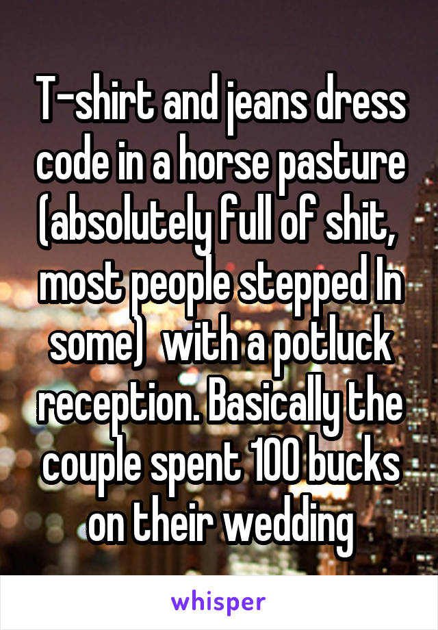 T-shirt and jeans dress code in a horse pasture (absolutely full of shit,  most people stepped In some)  with a potluck reception. Basically the couple spent 100 bucks on their wedding