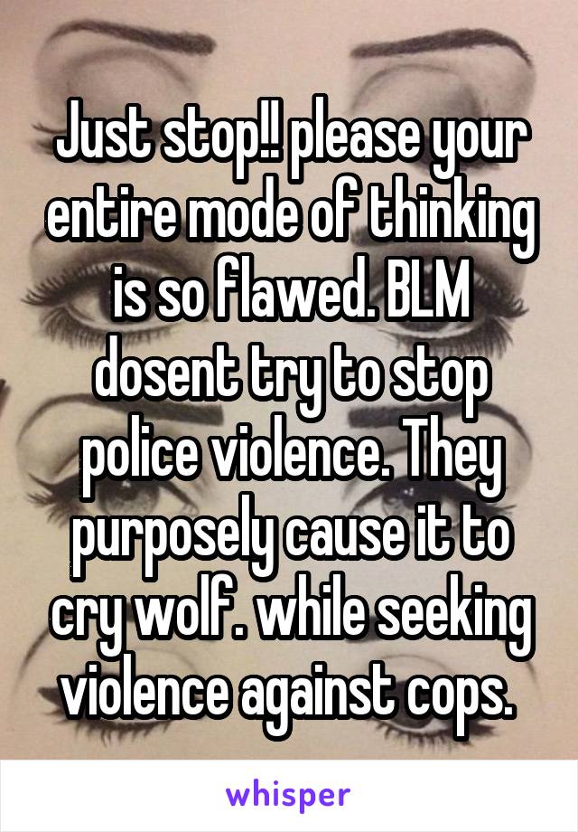 Just stop!! please your entire mode of thinking is so flawed. BLM dosent try to stop police violence. They purposely cause it to cry wolf. while seeking violence against cops. 