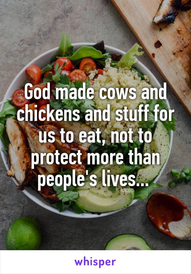 God made cows and chickens and stuff for us to eat, not to protect more than people's lives... 