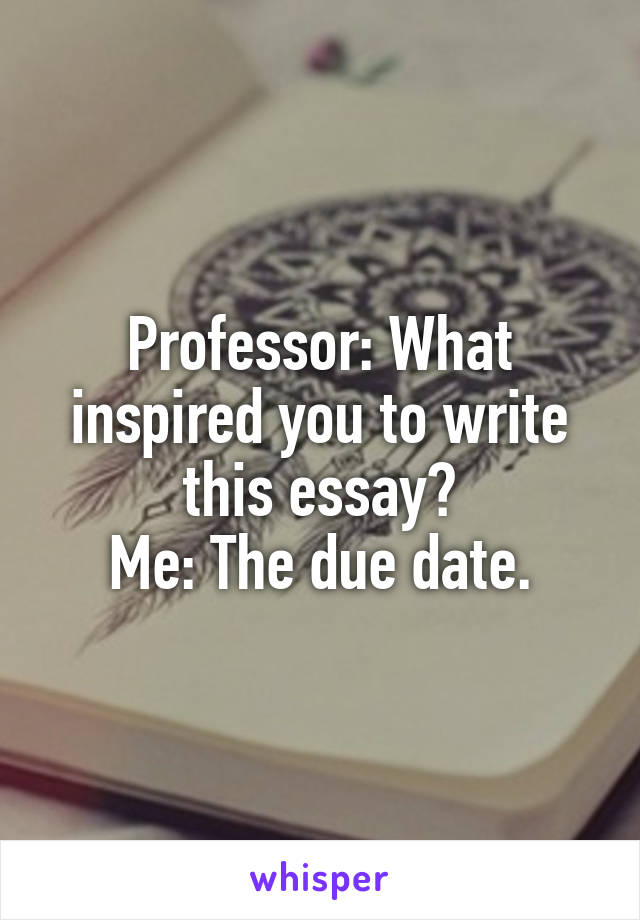 Professor: What inspired you to write this essay?
Me: The due date.