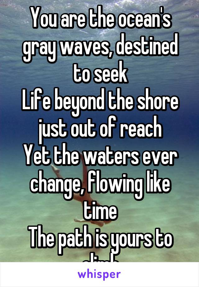You are the ocean's gray waves, destined to seek
Life beyond the shore just out of reach
Yet the waters ever change, flowing like time
The path is yours to climb