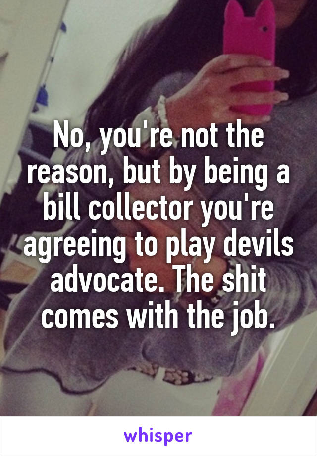 No, you're not the reason, but by being a bill collector you're agreeing to play devils advocate. The shit comes with the job.