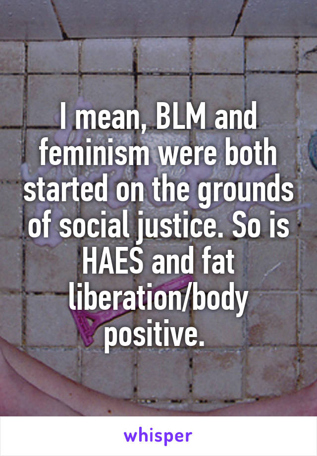 I mean, BLM and feminism were both started on the grounds of social justice. So is HAES and fat liberation/body positive. 