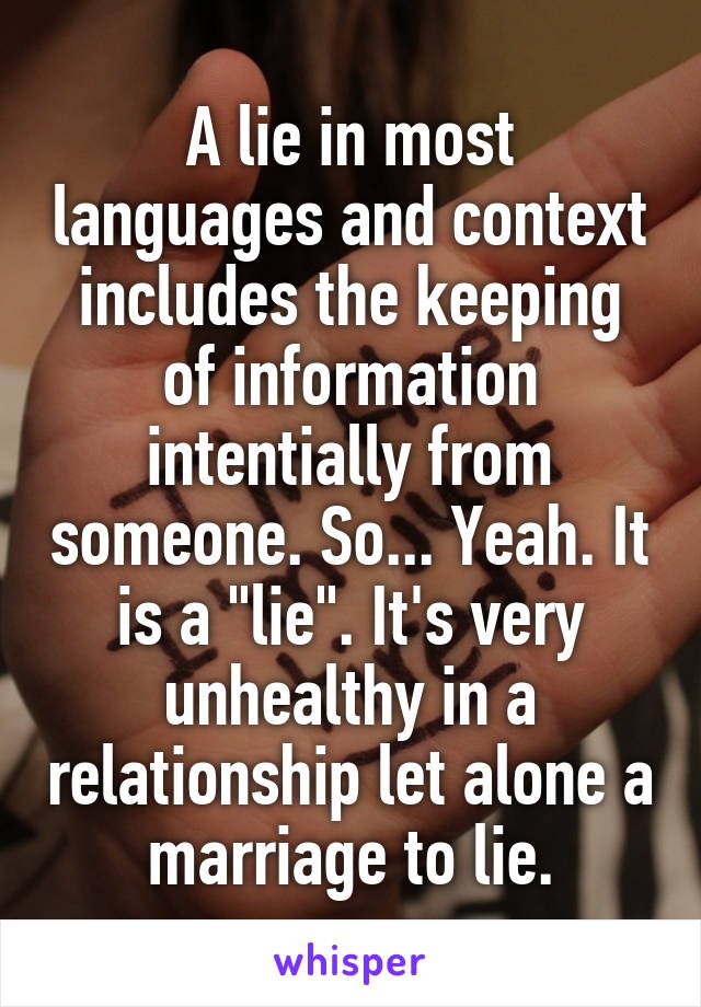 A lie in most languages and context includes the keeping of information intentially from someone. So... Yeah. It is a "lie". It's very unhealthy in a relationship let alone a marriage to lie.