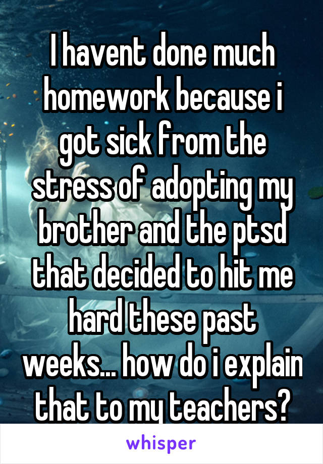 I havent done much homework because i got sick from the stress of adopting my brother and the ptsd that decided to hit me hard these past weeks... how do i explain that to my teachers?