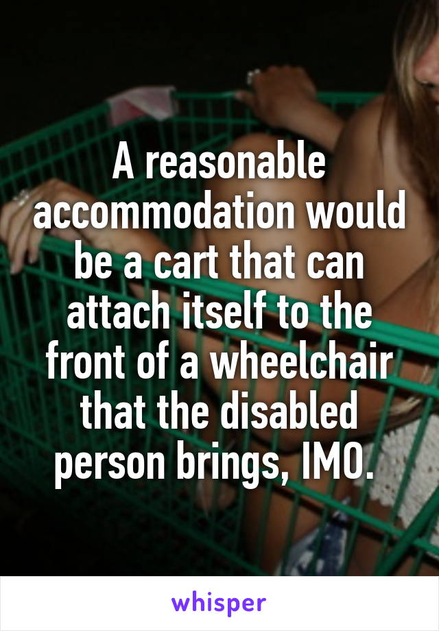 A reasonable accommodation would be a cart that can attach itself to the front of a wheelchair that the disabled person brings, IMO. 