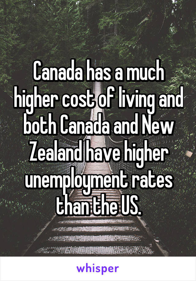 Canada has a much higher cost of living and both Canada and New Zealand have higher unemployment rates than the US.