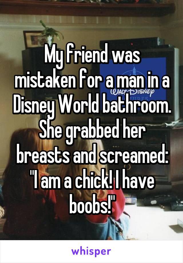 My friend was mistaken for a man in a Disney World bathroom. She grabbed her breasts and screamed: "I am a chick! I have boobs!"