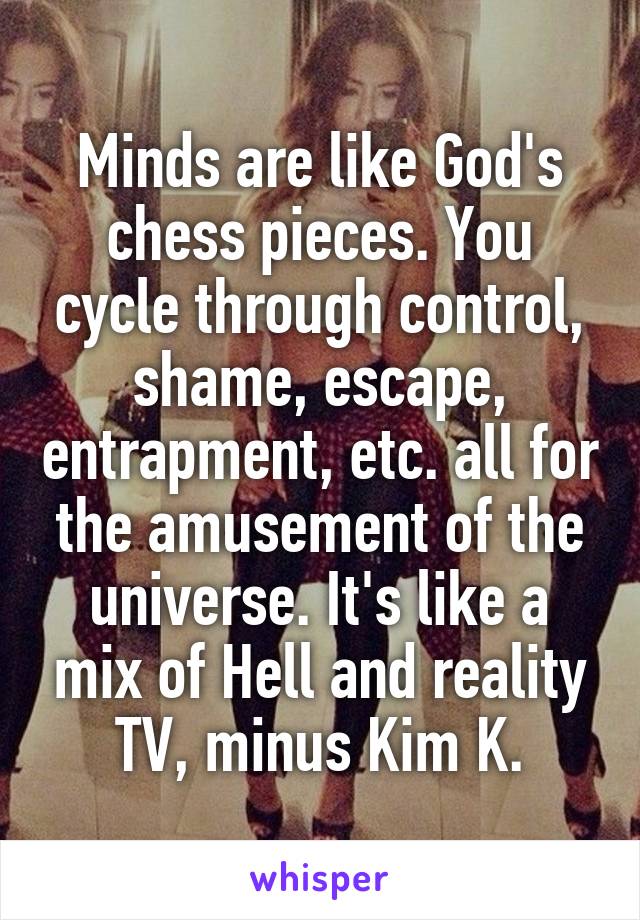 Minds are like God's chess pieces. You cycle through control, shame, escape, entrapment, etc. all for the amusement of the universe. It's like a mix of Hell and reality TV, minus Kim K.