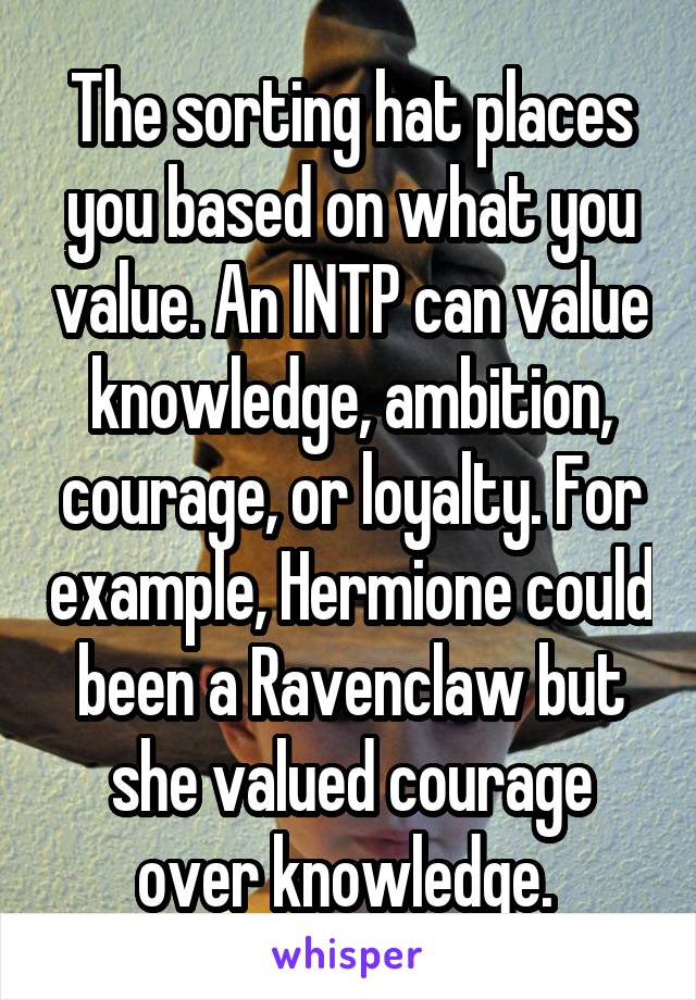 The sorting hat places you based on what you value. An INTP can value knowledge, ambition, courage, or loyalty. For example, Hermione could been a Ravenclaw but she valued courage over knowledge. 