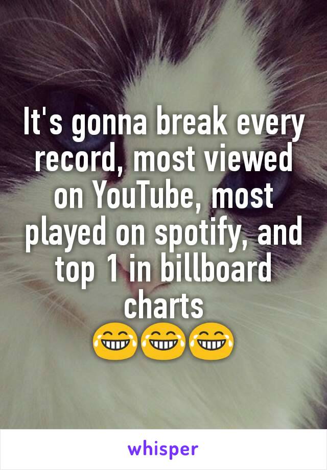 It's gonna break every record, most viewed on YouTube, most played on spotify, and top 1 in billboard charts
😂😂😂