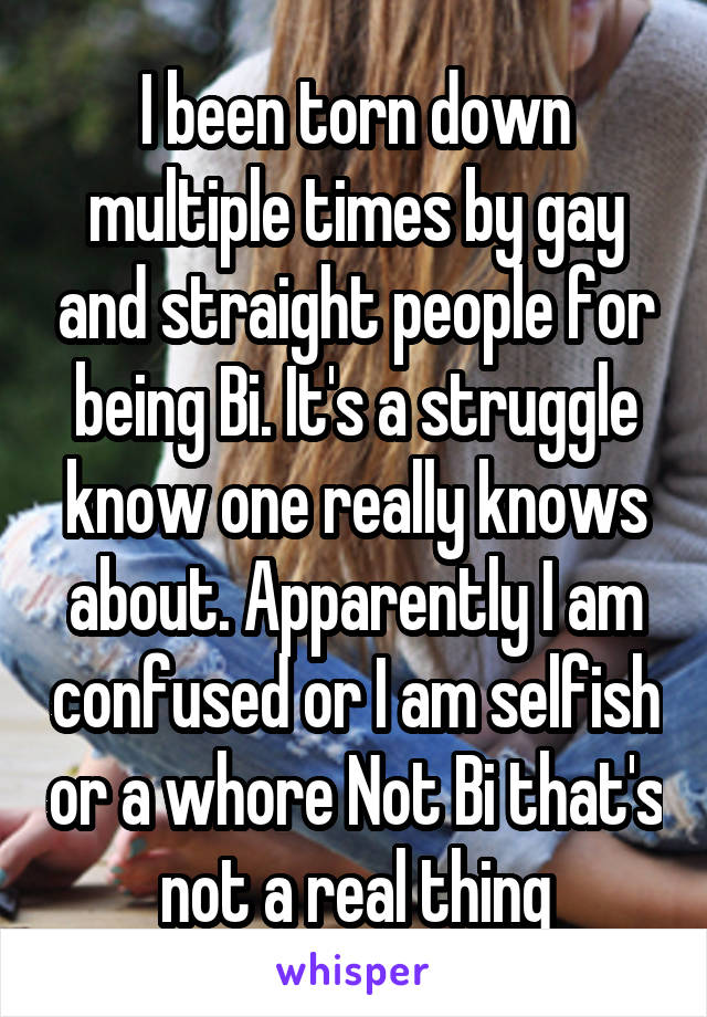 I been torn down multiple times by gay and straight people for being Bi. It's a struggle know one really knows about. Apparently I am confused or I am selfish or a whore Not Bi that's not a real thing
