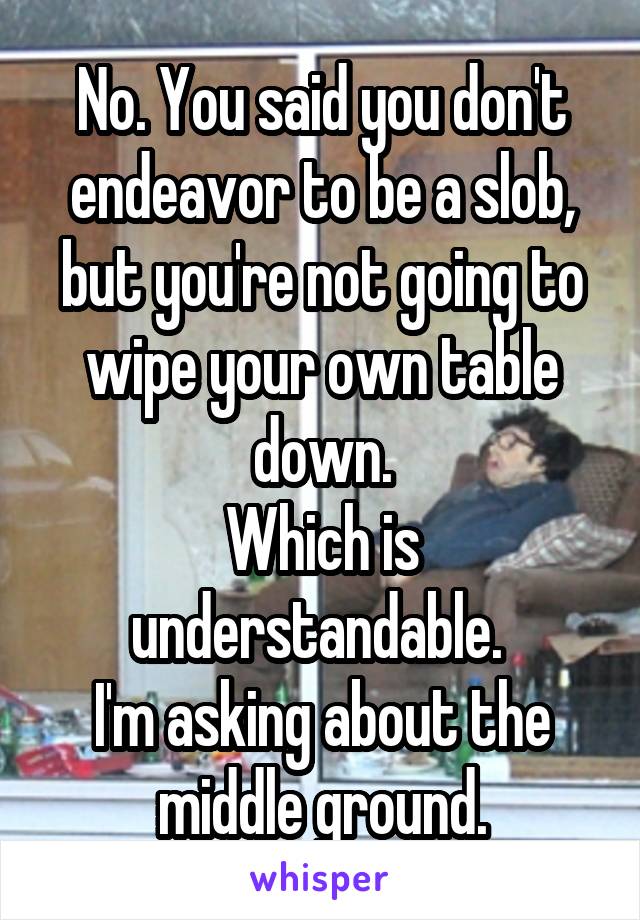 No. You said you don't endeavor to be a slob, but you're not going to wipe your own table down.
Which is understandable. 
I'm asking about the middle ground.