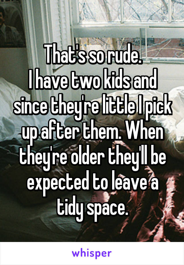 That's so rude.
I have two kids and since they're little I pick up after them. When they're older they'll be expected to leave a tidy space.
