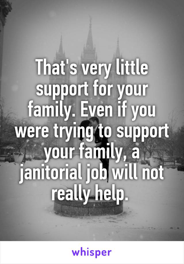 That's very little support for your family. Even if you were trying to support your family, a janitorial job will not really help. 