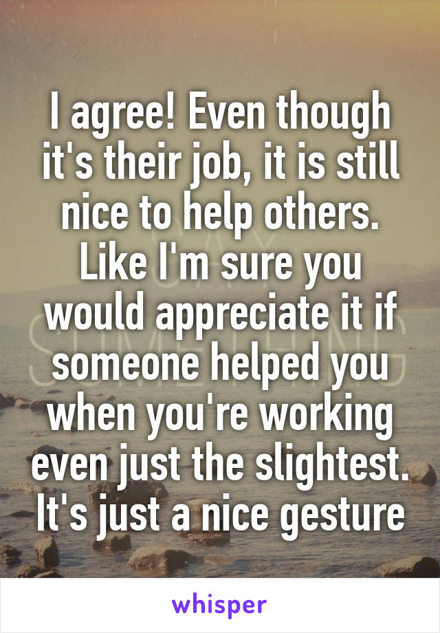 I agree! Even though it's their job, it is still nice to help others. Like I'm sure you would appreciate it if someone helped you when you're working even just the slightest. It's just a nice gesture