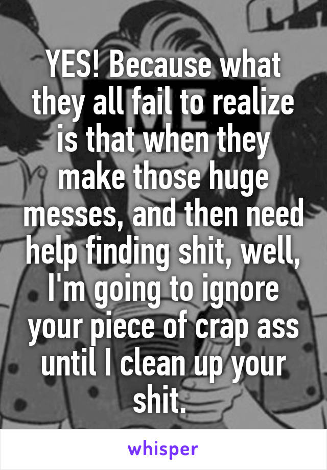 YES! Because what they all fail to realize is that when they make those huge messes, and then need help finding shit, well, I'm going to ignore your piece of crap ass until I clean up your shit. 