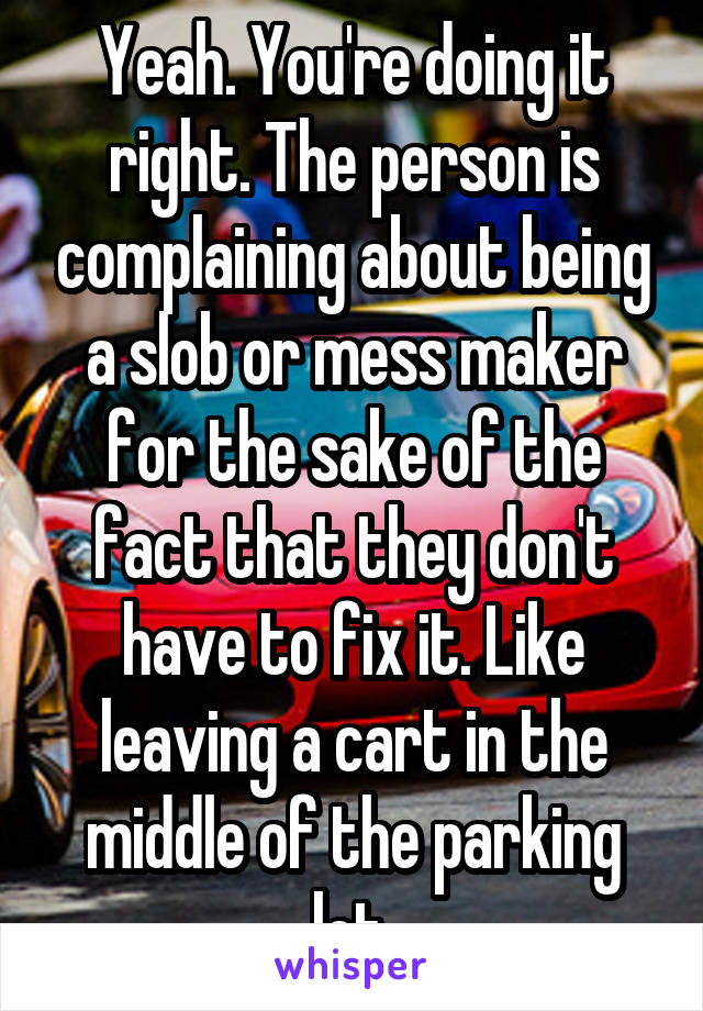 Yeah. You're doing it right. The person is complaining about being a slob or mess maker for the sake of the fact that they don't have to fix it. Like leaving a cart in the middle of the parking lot.