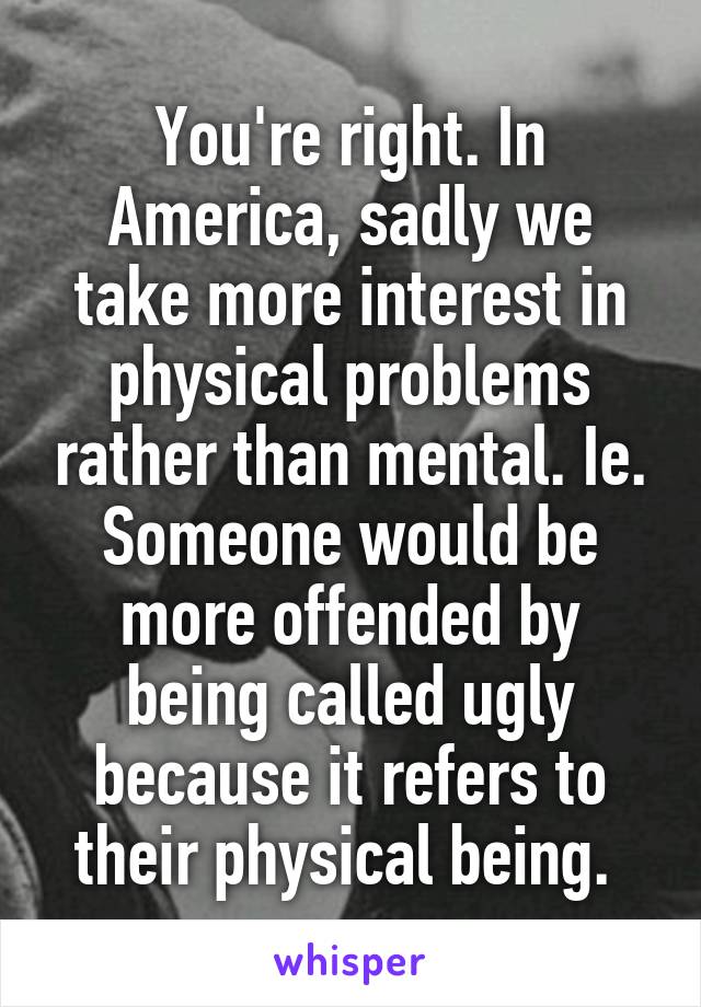 You're right. In America, sadly we take more interest in physical problems rather than mental. Ie. Someone would be more offended by being called ugly because it refers to their physical being. 