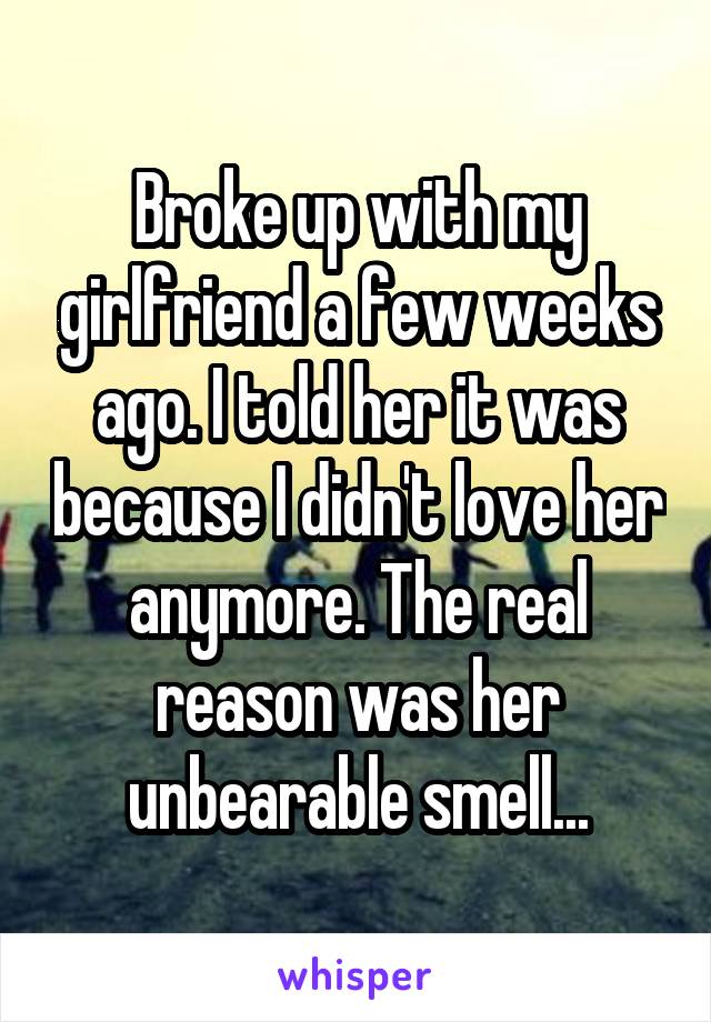 Broke up with my girlfriend a few weeks ago. I told her it was because I didn't love her anymore. The real reason was her unbearable smell...