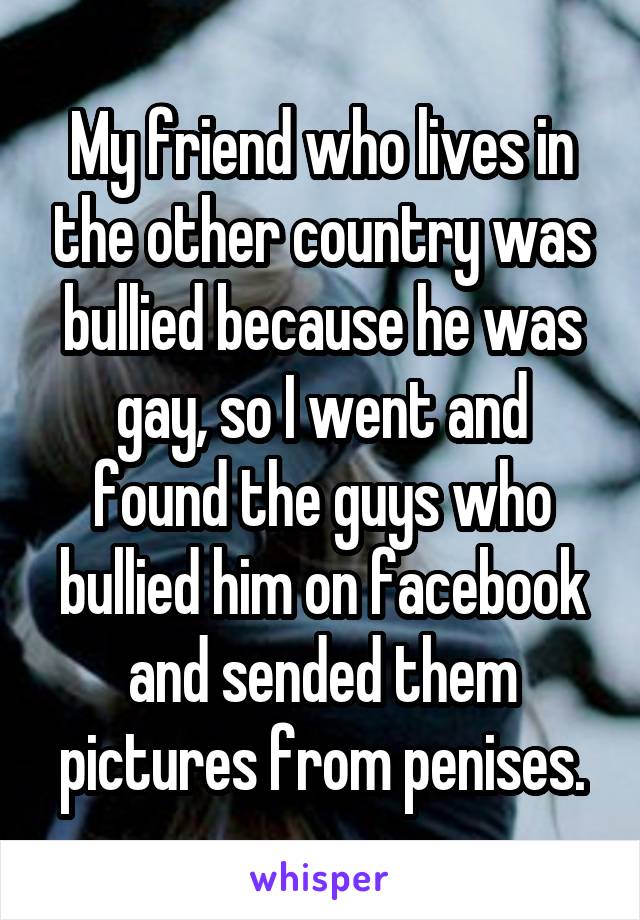My friend who lives in the other country was bullied because he was gay, so I went and found the guys who bullied him on facebook and sended them pictures from penises.