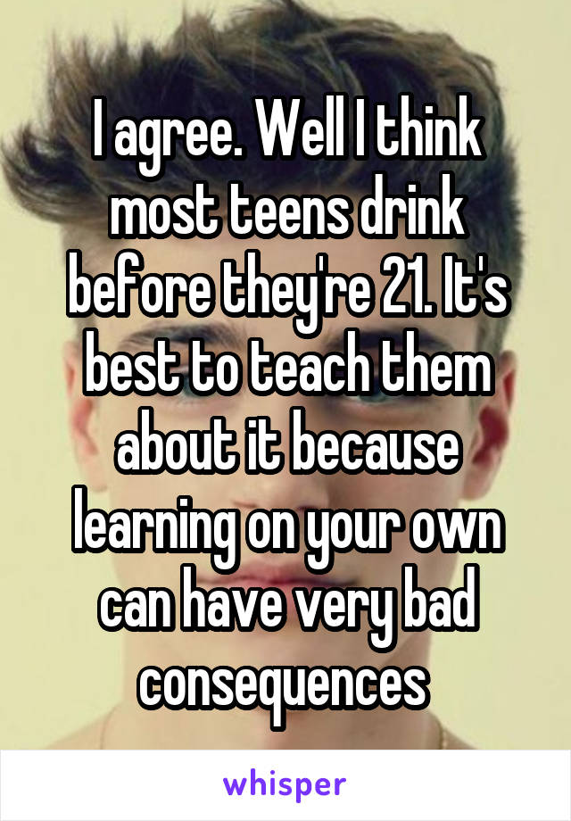 I agree. Well I think most teens drink before they're 21. It's best to teach them about it because learning on your own can have very bad consequences 