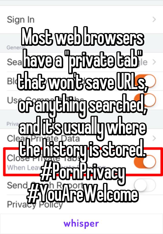 Most web browsers have a "private tab" that won't save URLs, or anything searched, and it's usually where the history is stored. #PornPrivacy #YouAreWelcome