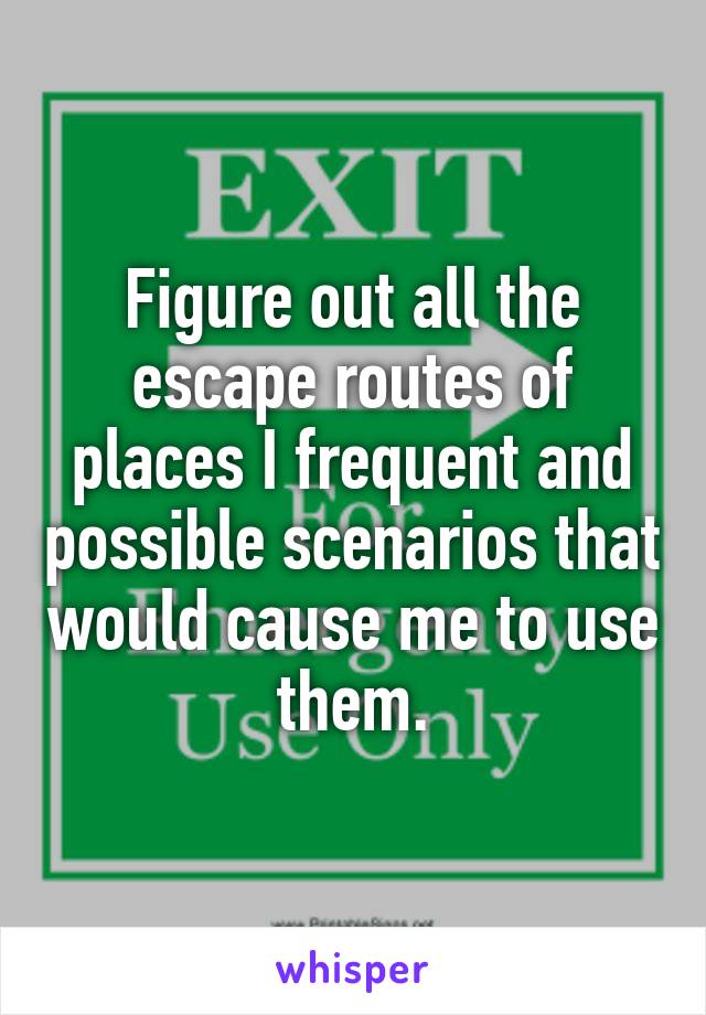 Figure out all the escape routes of places I frequent and possible scenarios that would cause me to use them.