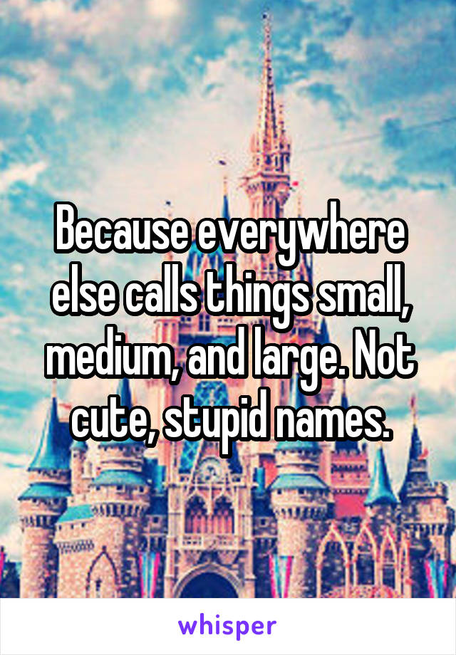 Because everywhere else calls things small, medium, and large. Not cute, stupid names.