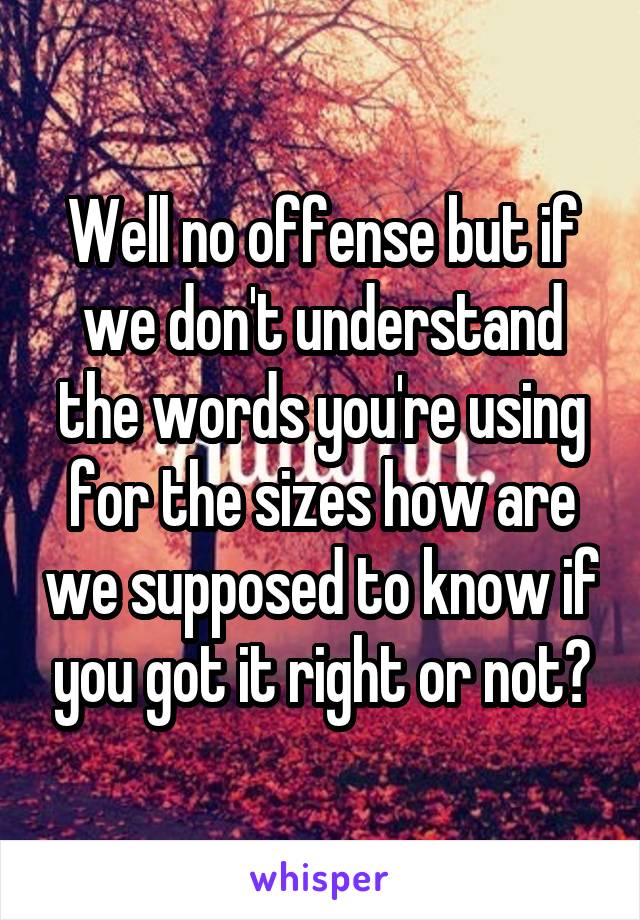 Well no offense but if we don't understand the words you're using for the sizes how are we supposed to know if you got it right or not?