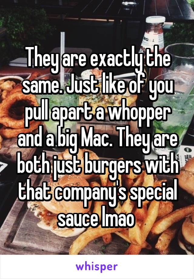 They are exactly the same. Just like of you pull apart a whopper and a big Mac. They are both just burgers with that company's special sauce lmao 