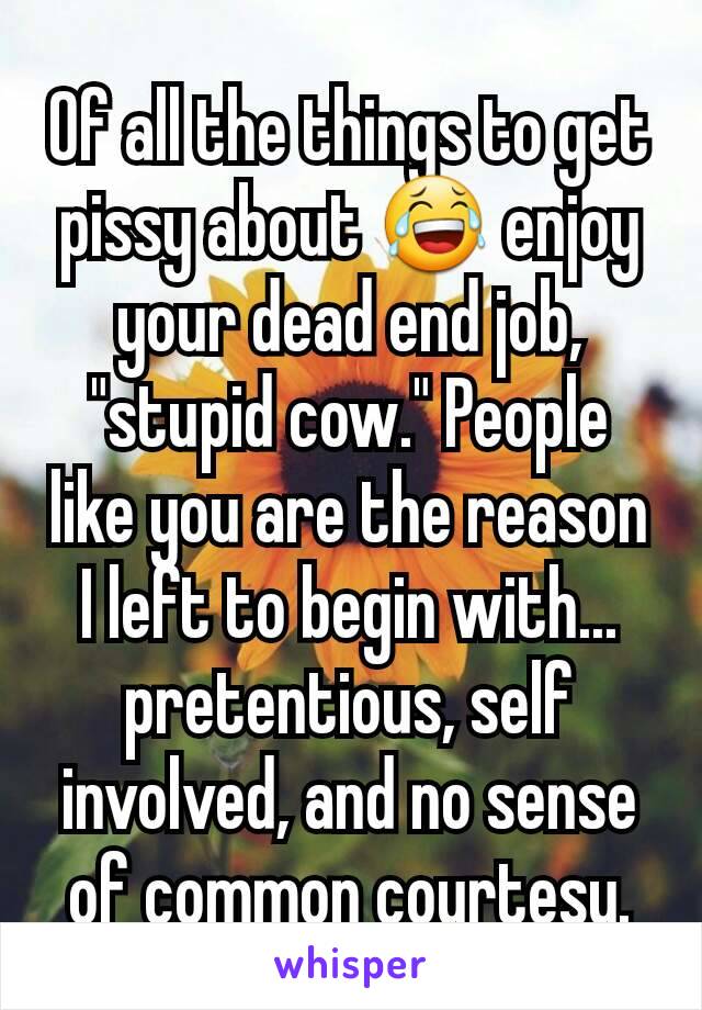 Of all the things to get pissy about 😂 enjoy your dead end job, "stupid cow." People like you are the reason I left to begin with... pretentious, self involved, and no sense of common courtesy.